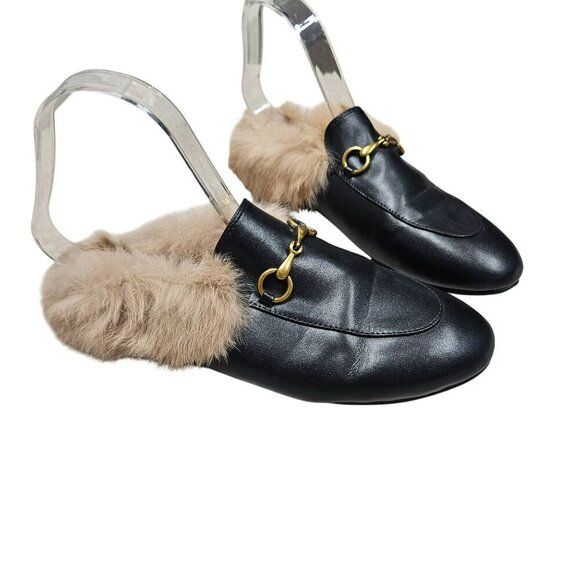 Vertundy Fully Fur-Lined Black Leather Loafers With Gold Buckle Detail Size 6.5 - Picture 1 of 10